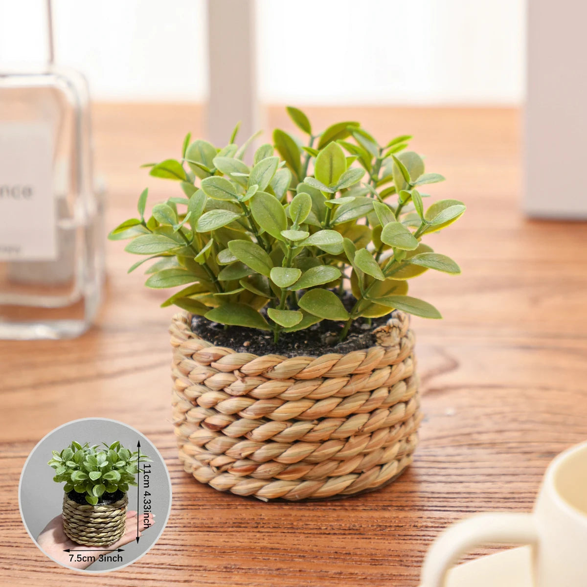 Plante artificielle eucalyptus en pot tressé – Déco zen 11 cm fait main