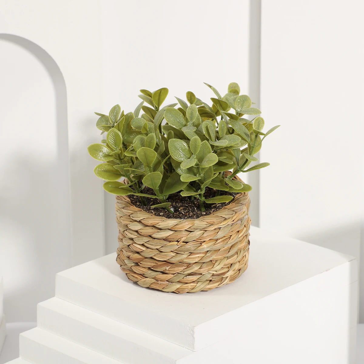 Plante artificielle eucalyptus en pot tressé – Déco zen 11 cm fait main