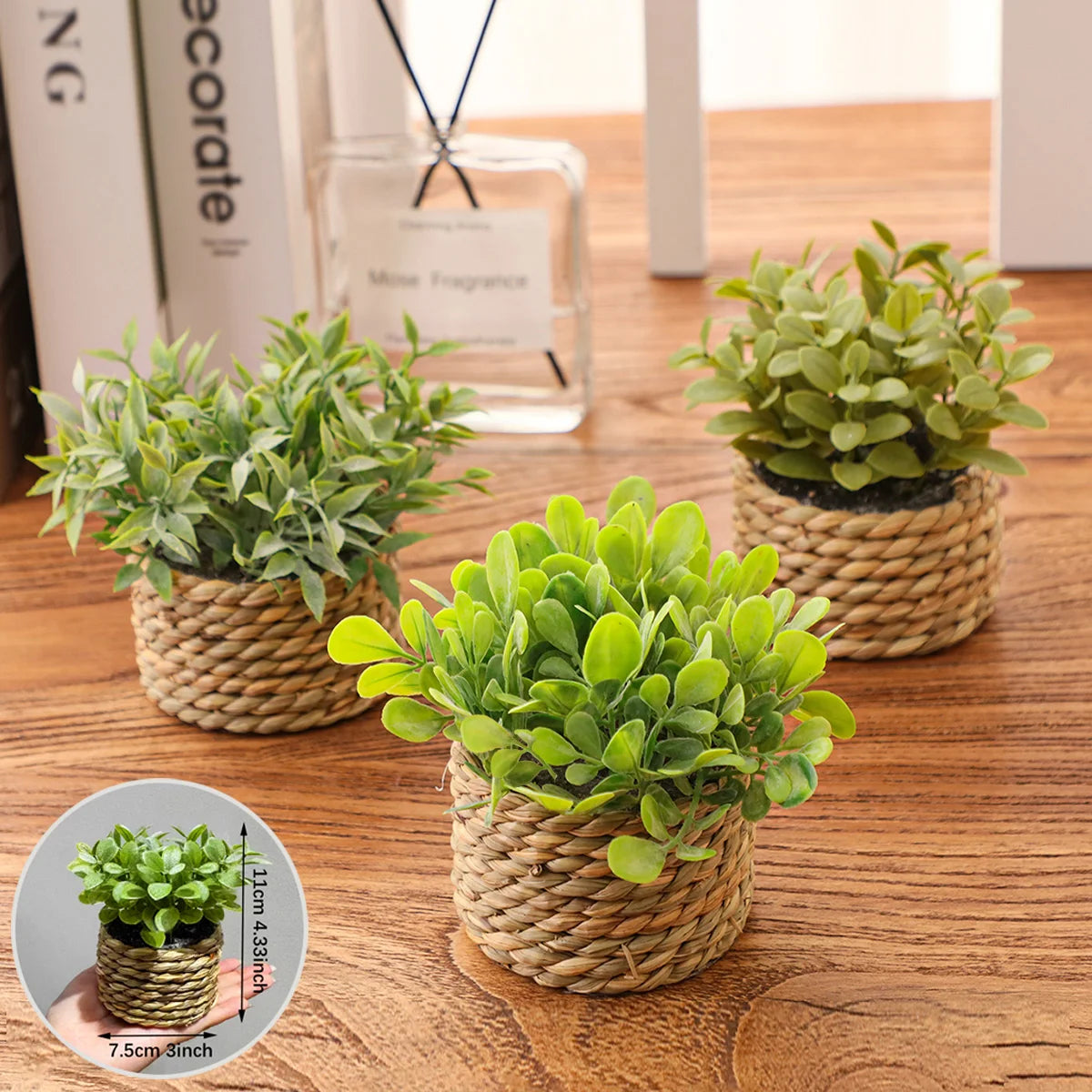 Plante artificielle eucalyptus en pot tressé – Déco zen 11 cm fait main